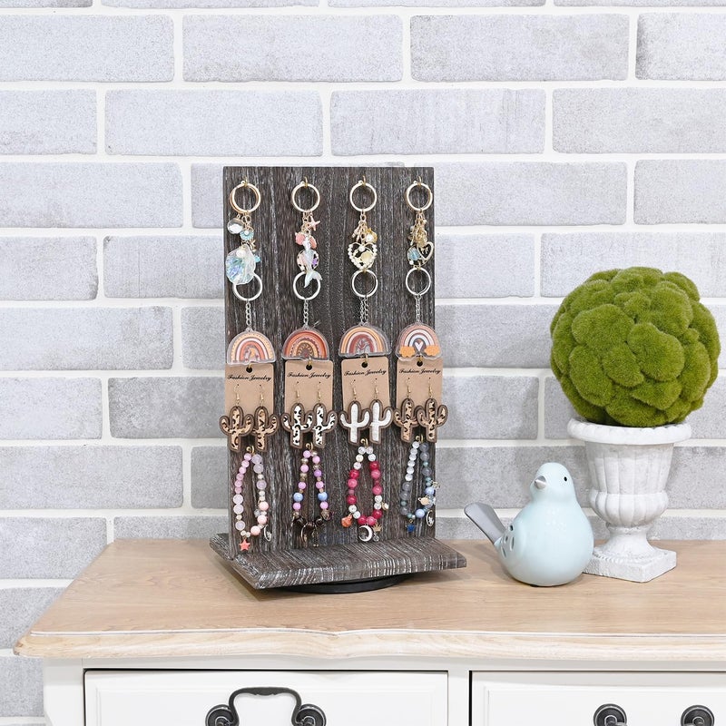 Ikee Design Wooden Rotating Two-Sided Jewelry Display Stand, Rotating Organizer with 32 Hooks for Store, Keychain Earring Display with Hooks, Coffee color, 9 W x 7.5 D x 16.5 H in - Image 5